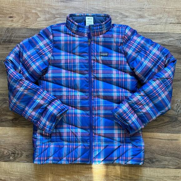 Patagonia Girls’ Down Jacket Plaid Blue Size 14 - Picture 2 of 14